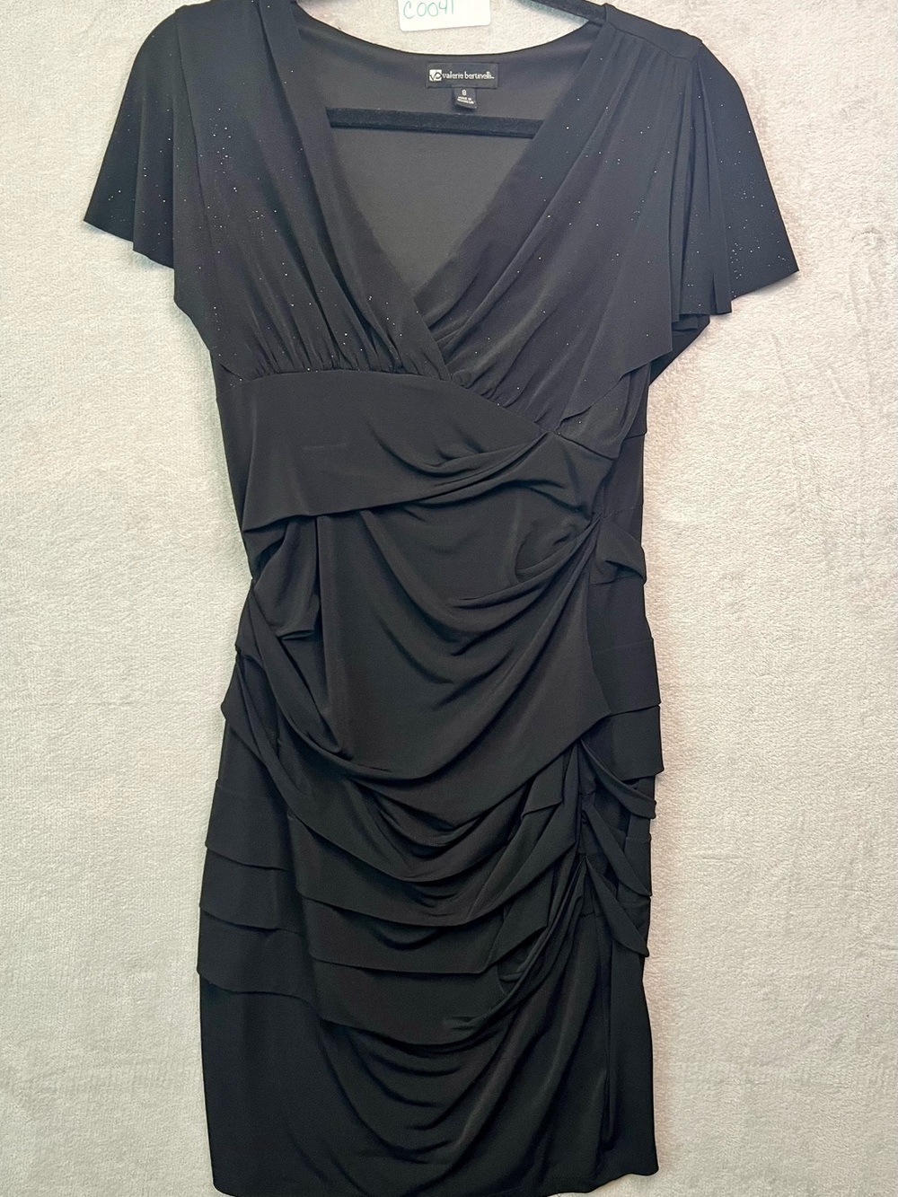 Valerie Bertinelli Black Draped V-Neck Cocktail Dress